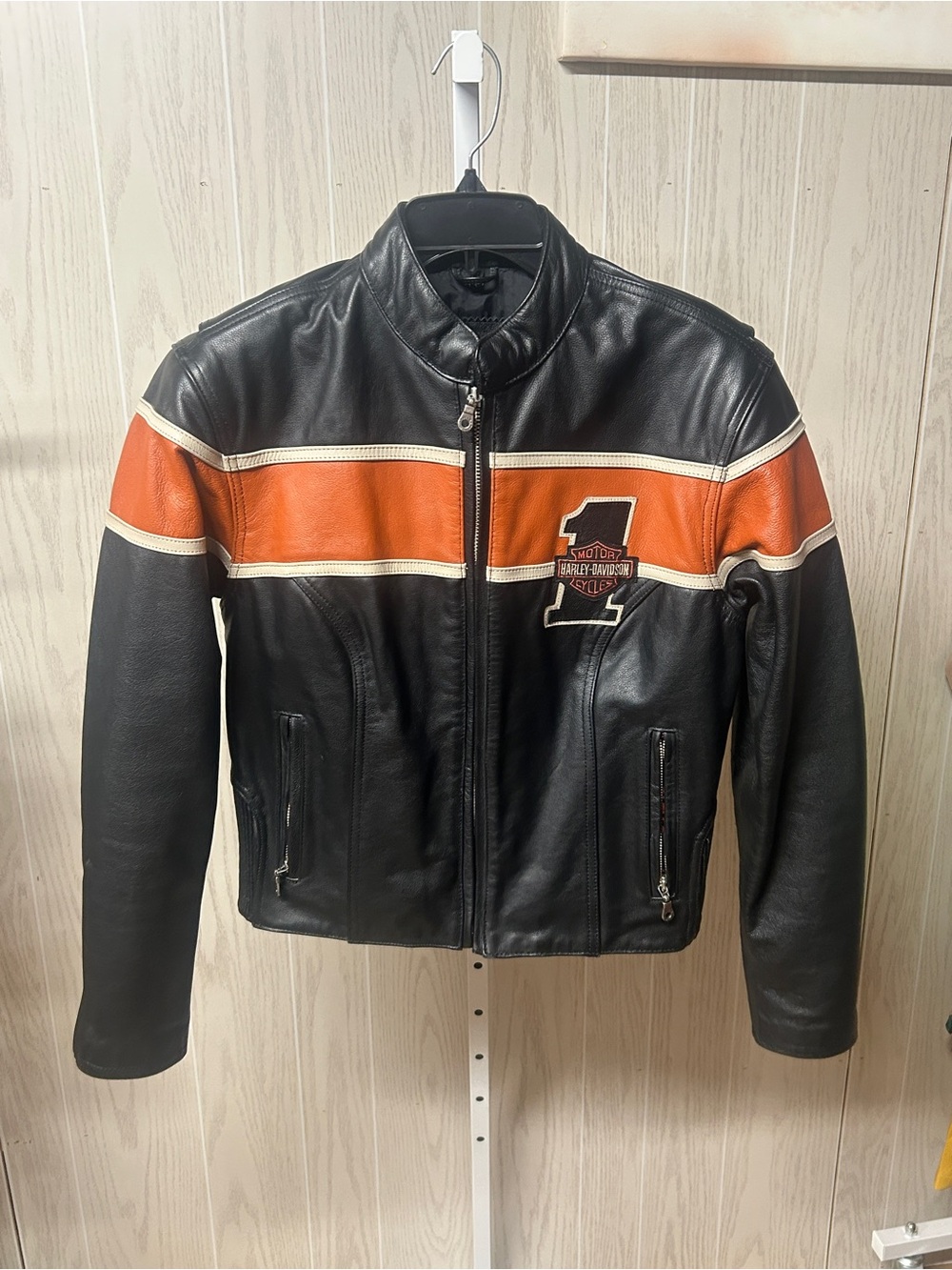 Harley Davidson Womens VICTORY LANE Leather Jacket Orange Stripe Size Small - Picture 8 of 9